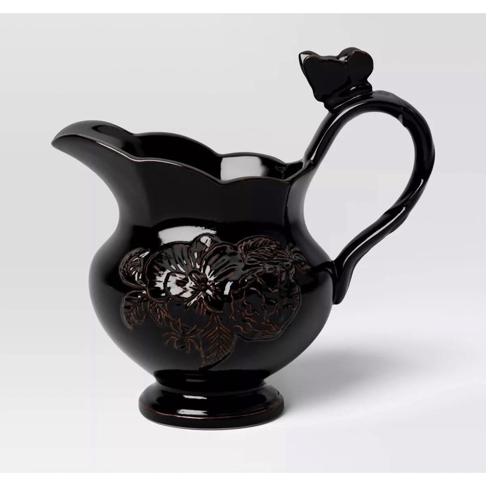 2025 Threshold Halloween Espresso Brown Ceramic Floral Pitcher with Butterfly